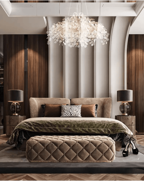 Luxury Velvet Panelled Bedroom with Textural Accents & Chandelier Elegance