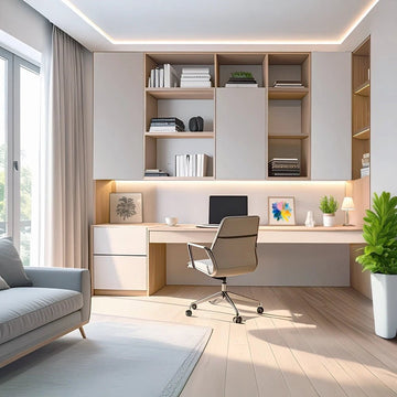 Warm Beige & White Contemporary Study Room with Natural Light Accents