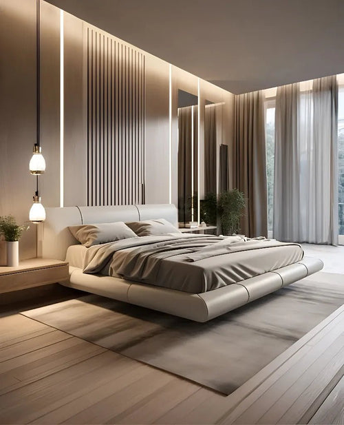 Modern Minimalist Luxury Guest Bedroom- Floating Wood Accents