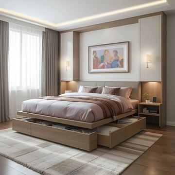 Modern Storage Bed with Wall- Mounted Back Panel