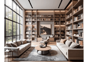 Warm Cocoa-Toned Reading Room with Leather   Chairs and Grid Bookshelves