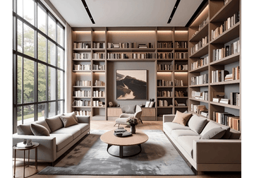 Warm Cocoa-Toned Reading Room with Leather   Chairs and Grid Bookshelves