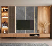 Premium Matte Black TV Unit Design with Vertical Slats and Marble Accent