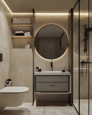 Beige-Toned Bathroom with Backlit Mirror & Floating Vanity
