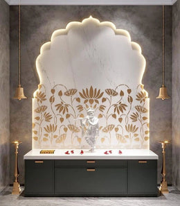 Luxurious Krishna Mandir with Intricate Floral Cutwork & Ambient Lighting