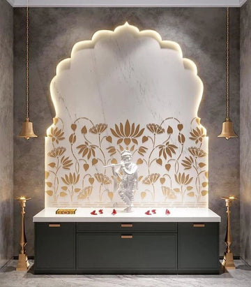 Luxurious Krishna Mandir with Intricate Floral Cutwork & Ambient Lighting