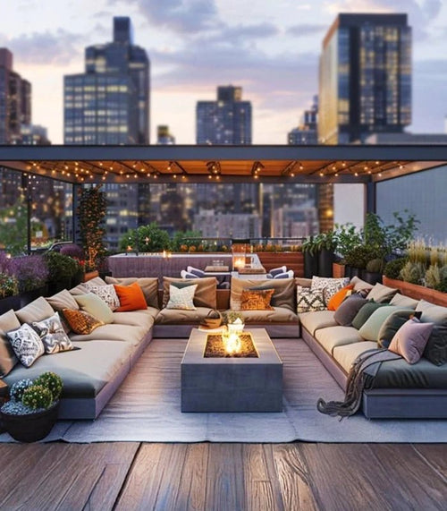 Urban Oasis Rooftop Lounge with Cozy Textures and City Views