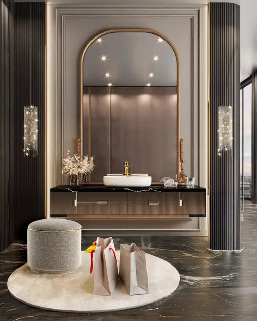 Art Deco Vanity with Arched Mirror, Floating Basin & Fluted Detailing