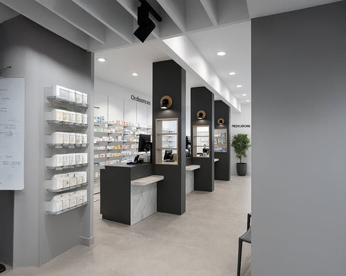 Monochrome Clinical Pharmacy – Sleek, Structured & Highly Functional Design