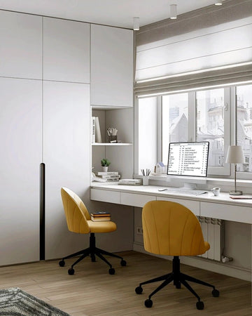 Modern Minimalist White Study Room with Vibrant Yellow Chairs