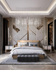 Contemporary Bedroom Geometric Wall Accents & Crystal Chandelier
