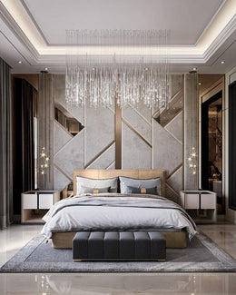 Contemporary Bedroom Geometric Wall Accents & Crystal Chandelier