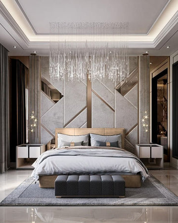 Contemporary Bedroom Geometric Wall Accents & Crystal Chandelier