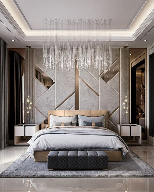Contemporary Bedroom Geometric Wall Accents & Crystal Chandelier