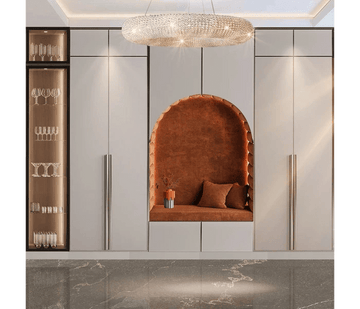 Door Modern Wardrobe With Built-In Alcove Seating and Display Cabinet