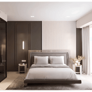 Premium Guest Bedroom Design with Dual-Tone Wall Panels and Modern Tranquility