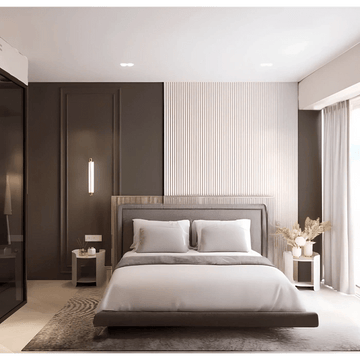 Premium Guest Bedroom Design with Dual-Tone Wall Panels and Modern Tranquility