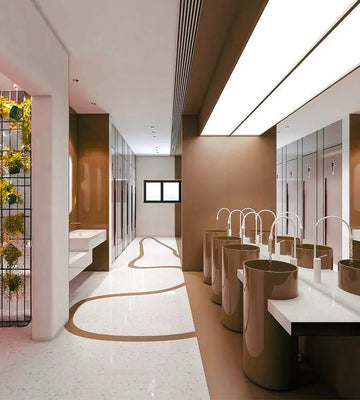 Biophilic Boldness – Contemporary Corporate Restroom with Design Flow
