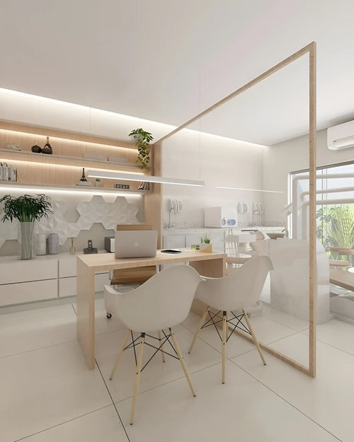 Transparent Partitioned Doctor’s Cabin with Soft Natural Tones