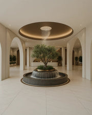 Grand Corporate Atrium Lobby with Central Tree Fountain