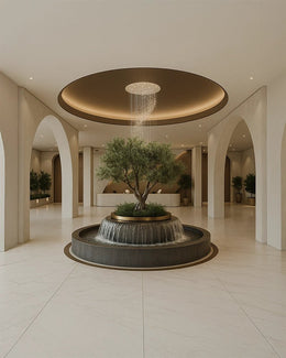 Grand Corporate Atrium Lobby with Central Tree Fountain