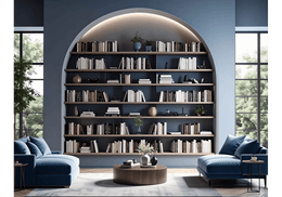 Arched Library Alcove with Twin Blue Velvet  Chaise Lounges