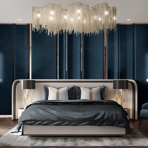 A Modern Glam Bedroom in Navy and Gold