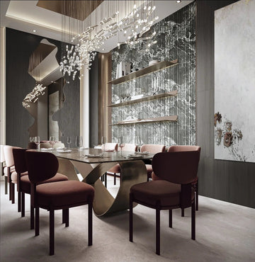 Premium Modern Dining Room Design with Marble Accent Wall and Luxurious Chandelier