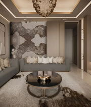 Opulent Modern Living Room with Abstract Wall Art and Luxe Chandelier