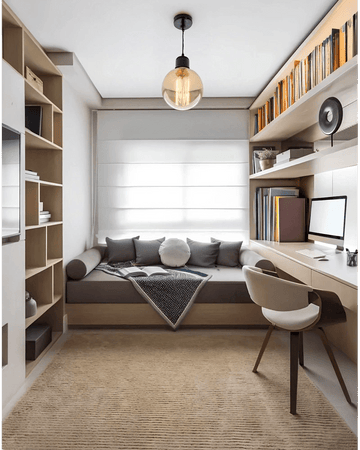 Modern Minimalist Study Room with Integrated Daybed and Neutral Tones