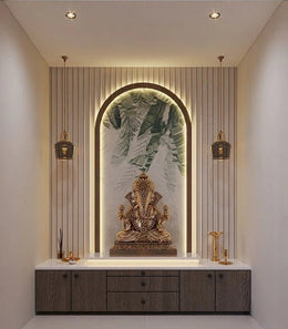 Contemporary Ganesha Mandir with Arch Niche & Tropical Accent Wall