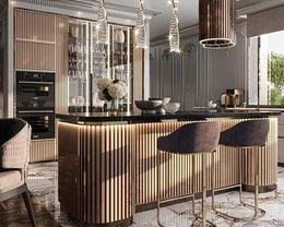 Ultra-Luxury Modern Kitchen with Vertical Fluting, Crystal Lighting & Marble Accents