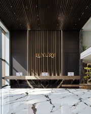 Ultra-Luxury Corporate Reception with Monolithic Marble & Dark Accents