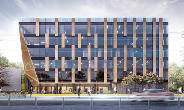 Futuristic Glass-Facade Hospital with Vertical Timber Aesthetic Accents
