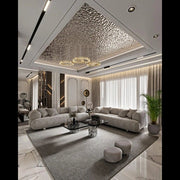 Ultra-Luxury False Ceiling Design with Textured Metallic Inlay – Elite Living Room Concept