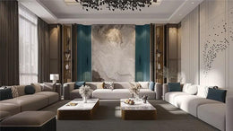 Premium Modern Living Room Design with Curved Wall Panel and Statement Lighting