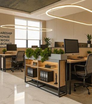 Bright Biophilic Workspace with a Dual-Level Open Concept