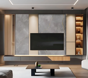 Luxury Concrete-Finish TV Unit with Asymmetric Cabinets & Ambient Display Lighting