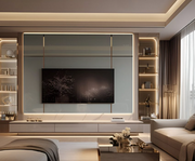 Luxury Glossy Glass TV Unit Design with Marble Finish and Backlit Display Shelves