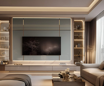 Luxury Glossy Glass TV Unit Design with Marble Finish and Backlit Display Shelves