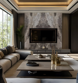 Grand Luxury TV Unit Design with Bookmatched Marble Backdrop and Shadow Groove Panels