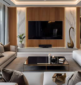 Wooden Fluted TV Panel with Marble Inlay & Gold Accents