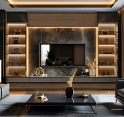 Premium Matte Black TV Unit Design with Illuminated Shelves and Marble Accent
