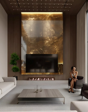 Premium Modern Living Room Design with Gold Accent Wall and Fireplace