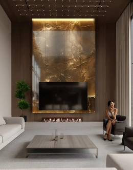 Premium Modern Living Room Design with Gold Accent Wall and Fireplace