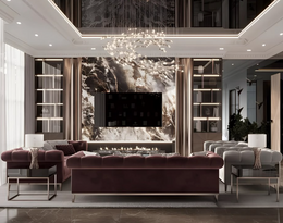 Ultra-Luxury Mirror-Finished Marble TV Wall with Fireline