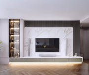 Contemporary Minimalist Living Room with Marble Accent and Warm Wood Flooring