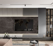 Modern Sophisticated Living Room with Dark Marble Wall and Textured Accents
