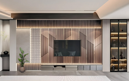 Modern Geometric Living Room with Wooden Accents and Soft Illumination