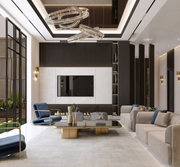 Premium Modern Living Room Design with Fireplace and Elegant Chandelier